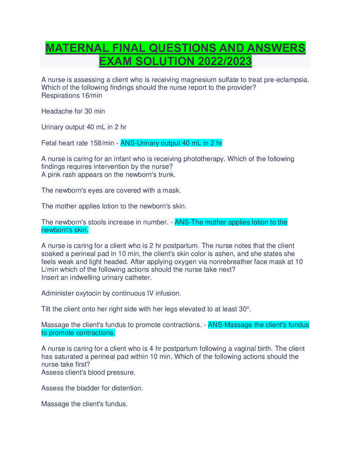 Preview image for MATERNAL FINAL QUESTIONS AND ANSWERS  EXAM SOLUTION 2022/2023